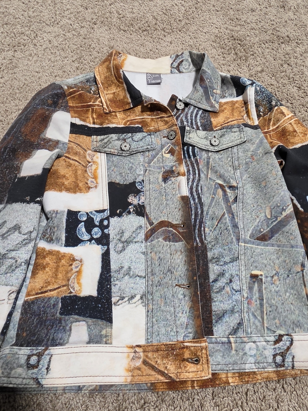 Arty by Dolcezza Neutral Earth Tone Abstract Patchwork Art Jacket Women's S